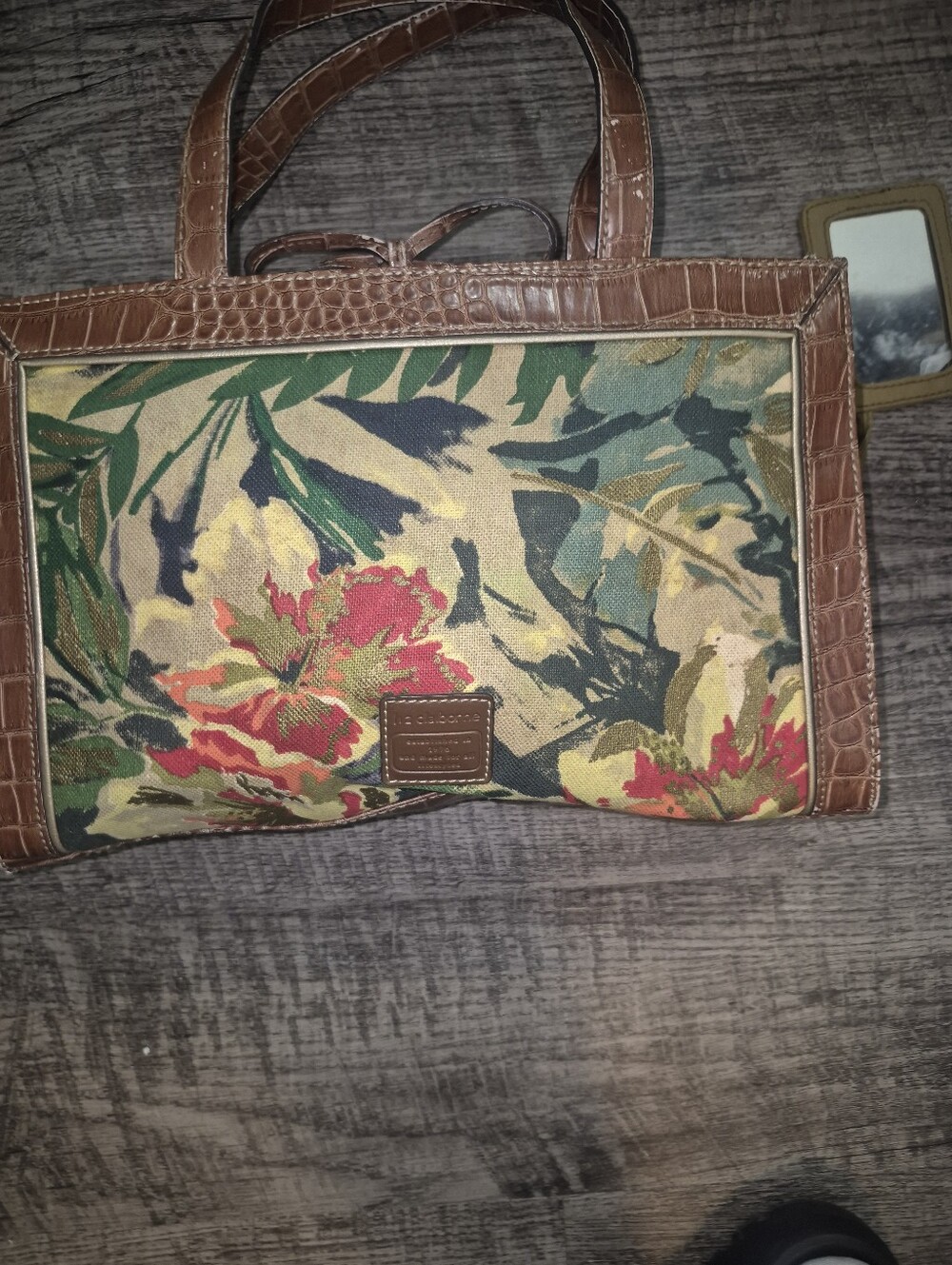 Liz Claiborne Floral Canvas Tote with Brown Faux-Croc Trim